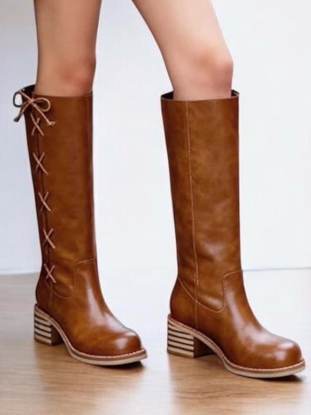 NIB Knee High Boots Brown Chunky Heel Round Toe Pull On Lace Up Bow 6.5 Western